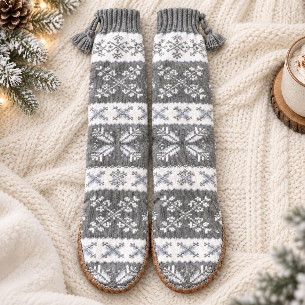 Women’s Gray & White Snowflake Slipper Socks with Soft Soles Size 7/8